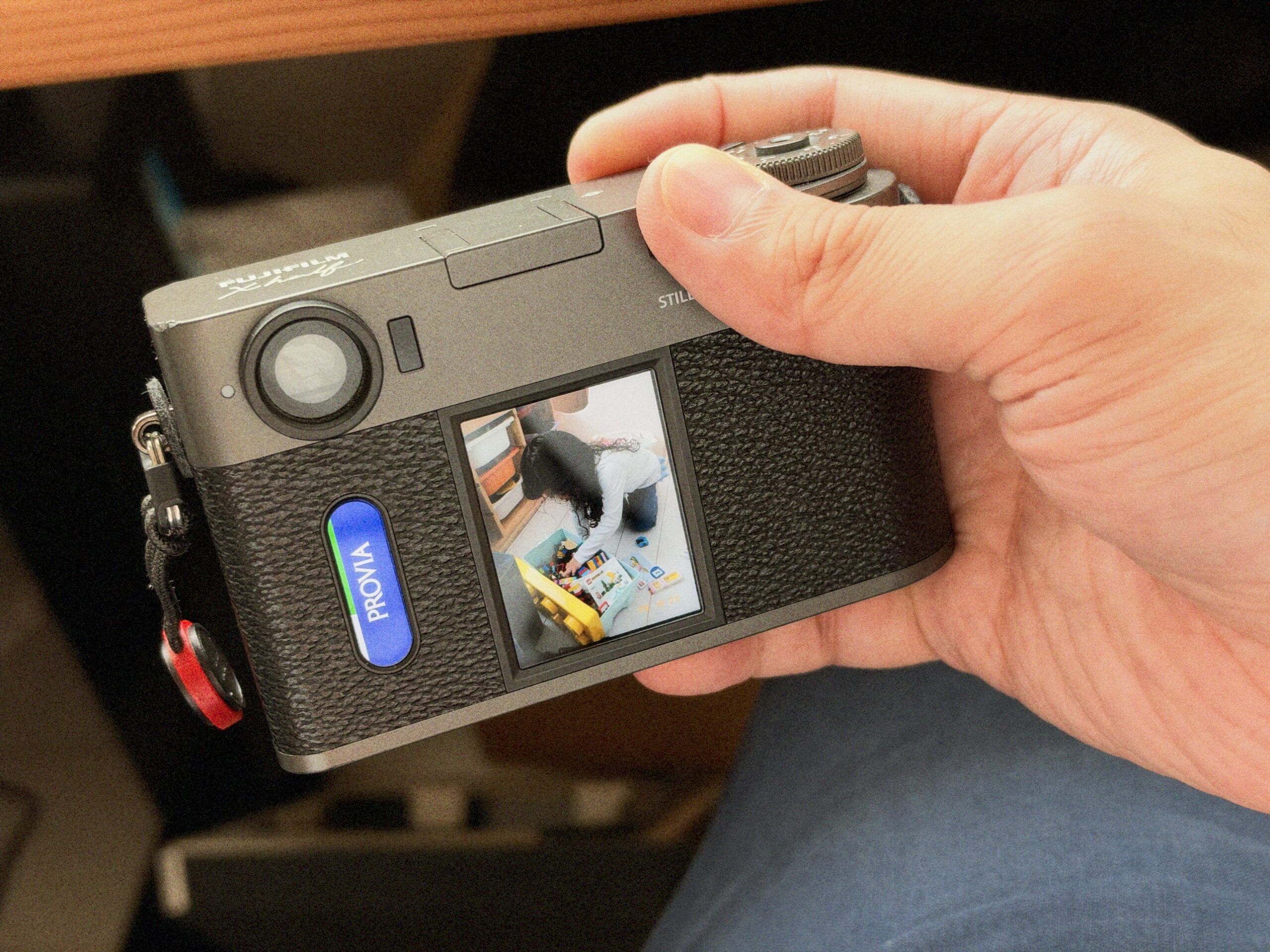 X halfでフレーム切り替えレバーを押し込んで直前の写真を表示したところ。サブ液晶モニターのフィルム表示がPROVIAになっている
